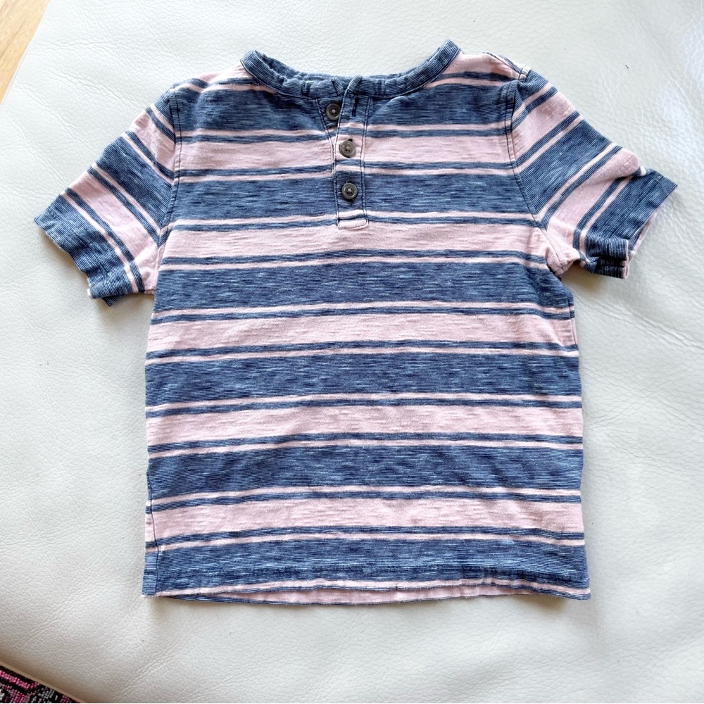 $6 💥Henley Polo Shirt, Slub Knit, Striped Blue Coral, 3-Button, Short Sleeves